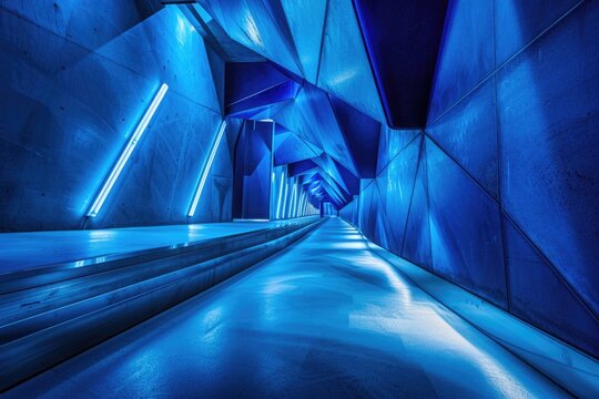 A person riding an escalator in a modern building lit up by blue lights - Powered by Adobe