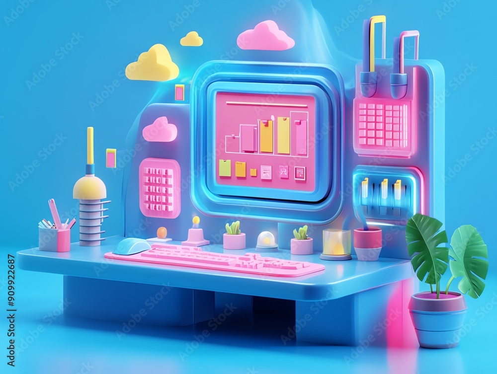 Poster 3d render of a modern pastel workspace.