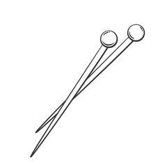 Knitting needles line icon. Hand drawn retro straight point needle to knit with yarn, woolen threads. Knitting hobby, craft knitted clothes mascot, outline tool of needlework icon vector illustration