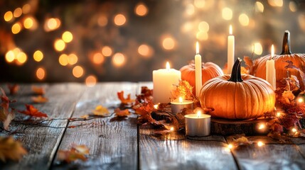 Thanksgiving Day interior concept. Amazingly beautiful photo with pumpkins, candles and glowing bulbs. Thanksgiving Day interior with copyspace for inscription.