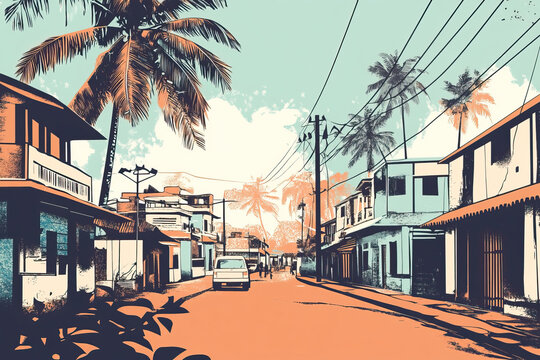 Risograph current riso print travel poster, card, wallpaper or banner illustration, modern, isolated, clear, simple of Kozhikode, India. Artistic, screen printing, stencil