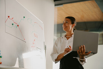 A businesswoman showcases data insights in an office, fostering collaboration and innovation