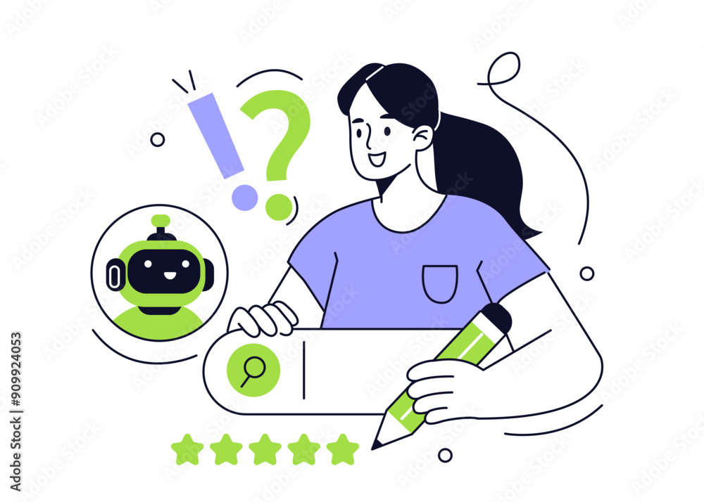 Poster woman searching on the internet by using ai chat bot. ai search technology. artificial intelligence 