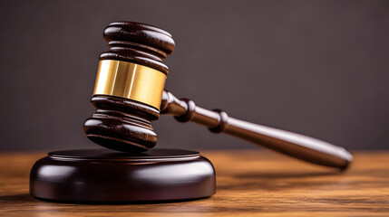 Obraz premium Close-up of gavel on polished wooden desk with plain background symbolizing legislative sessions