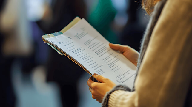 Close-up of conference attendee's hand holding program schedule with plain background