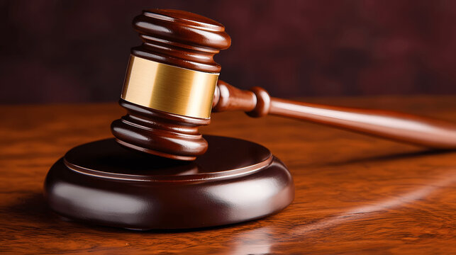 Close-up of gavel on polished wooden desk with plain background symbolizing legislative sessions