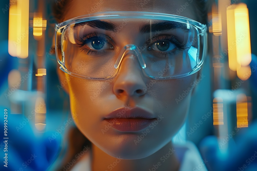 Poster focused scientist in a lab setting with protective gear