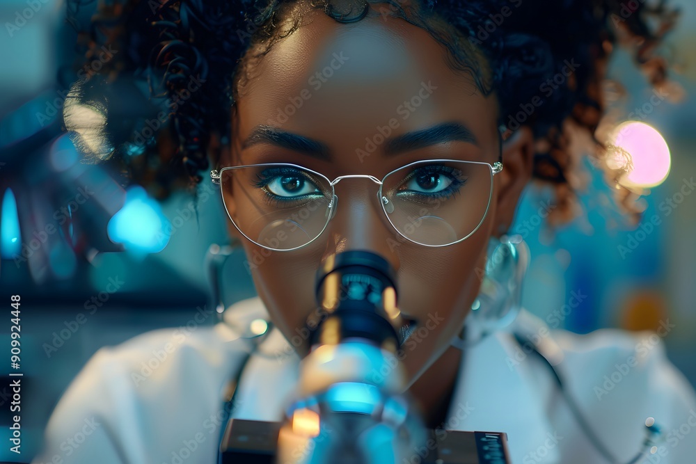 Poster focused scientist examining samples through a microscope
