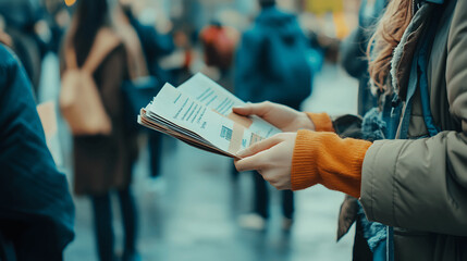 Close-up of volunteer's hand handing out flyers at community event with plain background