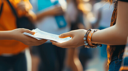 Close-up of volunteer's hand handing out flyers at community event with plain background