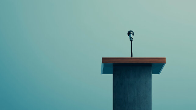 Close-up of podium with microphone against plain background ready for political debate