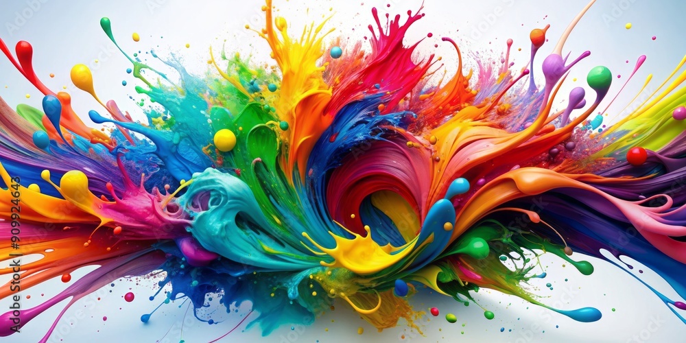 Poster vibrant colored paint splashes explode on a white background, creating a mesmerizing abstract patter