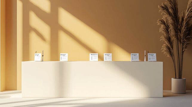 Minimalist registration table with badges and brochures ready for attendees against plain backdrop