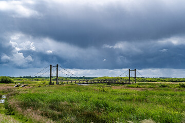 Fototapeta premium King Hans suspension bridge made of wood, crossing Skjern river, Denmark