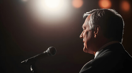 Obraz premium Side profile of public figure speaking into microphone with simple backdrop