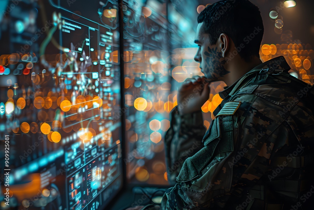 Poster soldier analyzing data in a high-tech command center