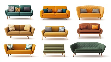 A collection of trendy sofas designed in a Scandinavian style, showcasing modern soft furniture for a cozy home interior, isolated on a white background