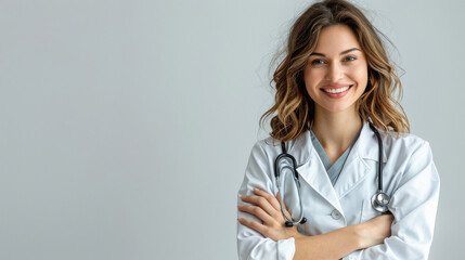 A smiling female doctor wearing a white coat and stethoscope, standing with arms crossed against a light gray background.