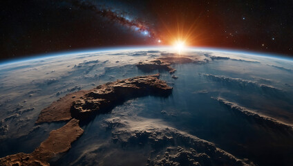 Cosmic Dawn, Earth's Embrace: A breathtaking vista of our planet at the break of a new day, the...