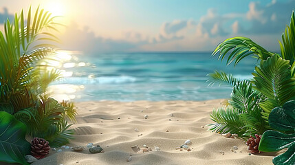 Fototapeta premium A beach scene with palm trees and a body of water