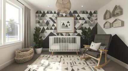 Modern GenderNeutral Nursery Stylish Geometric Wallpaper Convertible Crib Cozy Rocking Chair Perfect for Parents Designing a Chic and Functional Space for Their Little One