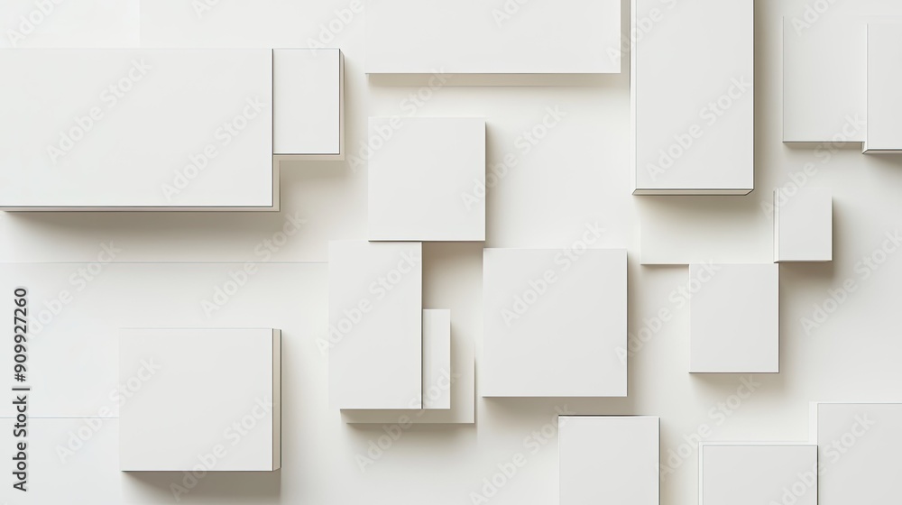 Poster a minimalist composition of abstract geometric blocks arranged on a pristine white background, creat