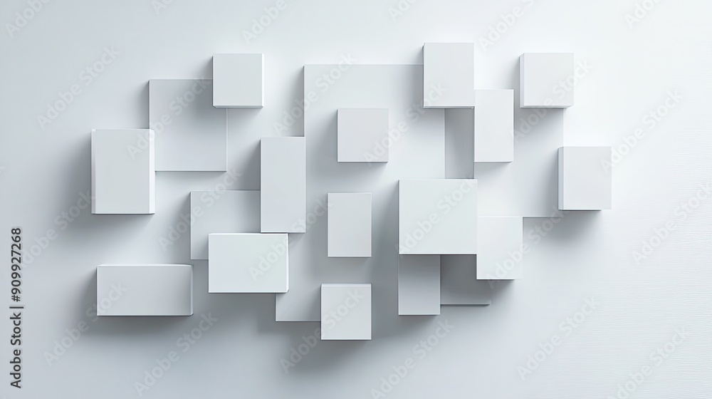 Poster a minimalist composition of abstract geometric blocks arranged on a pristine white background, creat