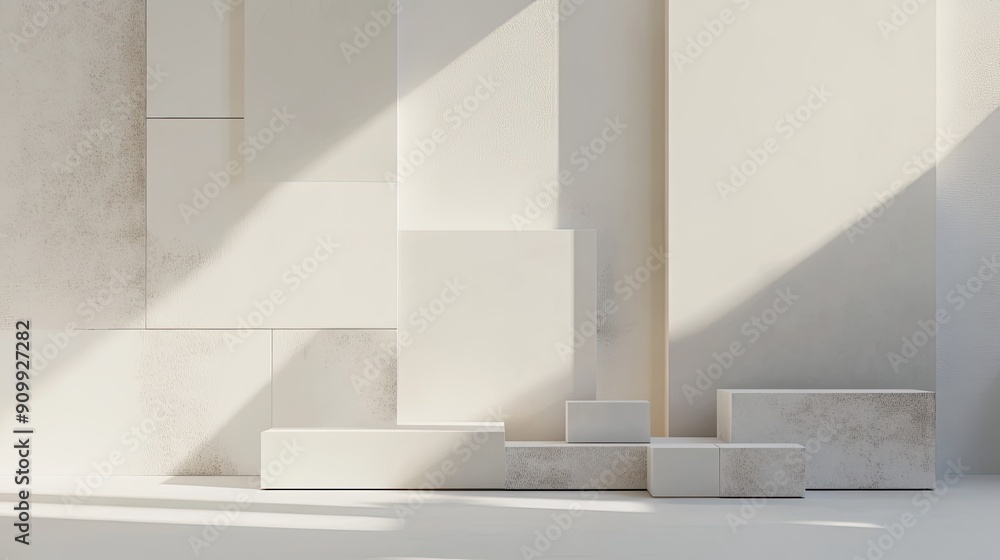 Poster a minimalist composition of abstract geometric blocks arranged on a pristine white background, creat