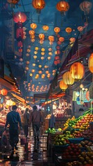 Bustling Asian Night Market with Colorful Lanterns. AI generated illustration.