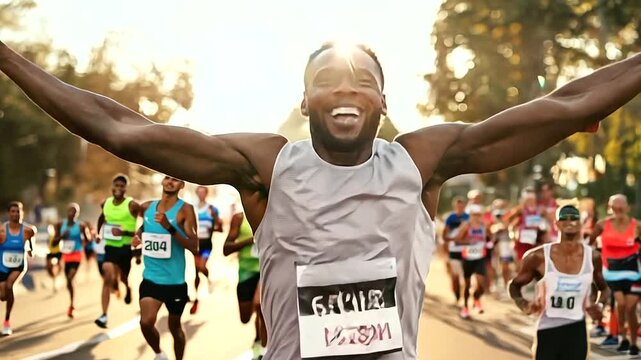 Sporty Man Celebrating Marathon Win - African American Runner with Arms Outstretched, Smiling and Closing Eyes After Crossing Finish Line, Victory Celebration