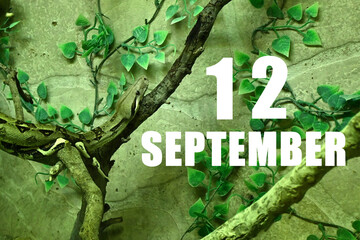Calendar date on light green background with snake crawling on tree branch. September 12 is the twelfth day of the month