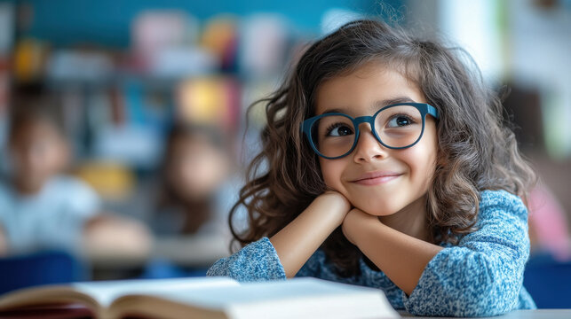 A young girl wearing a graduation cap rests her chin on a stack of books, gazing thoughtfully. The background features a blurred library filled with books, creating an academic atmosphere. - Powered by Adobe