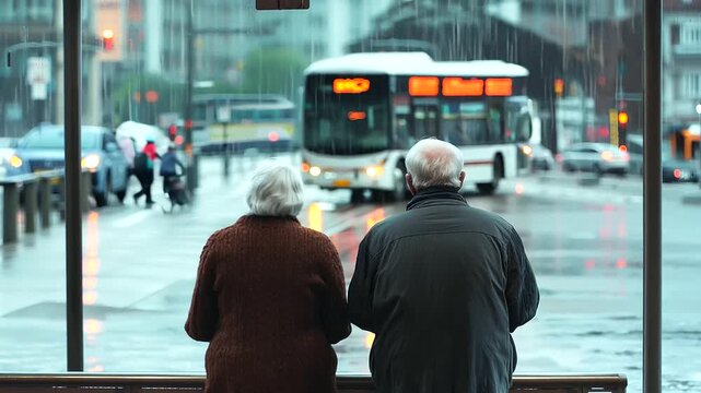 Two Elderly People, Grandma and Grandpa, Sitting at Bus Station - Senior Husband and Wife Waiting for Public City Transportation, Pensioner Passengers