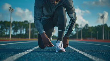 Athletic Prosthetic Runner on Track at Sunset. Generative ai