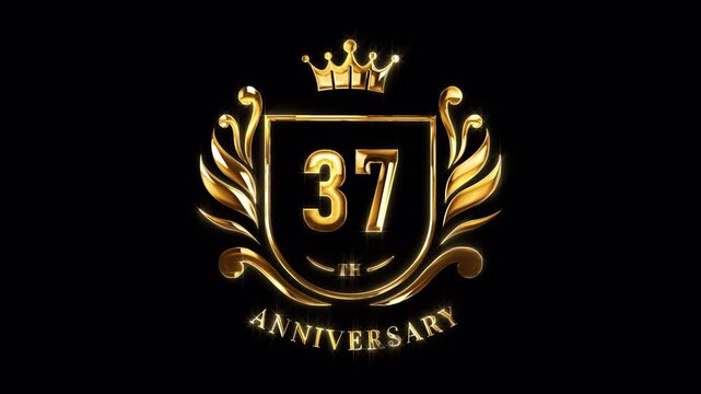 37th Anniversary Celebration. Happy 37 Years Anniversary Animation in Gold Color on the Transparent Background, Alpha Channel. Great for greetings, celebrations, events, and gifts.