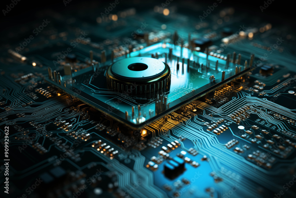Poster the heart of technology: a close-up, abstract image of a computer processor, glowing with a cool blu