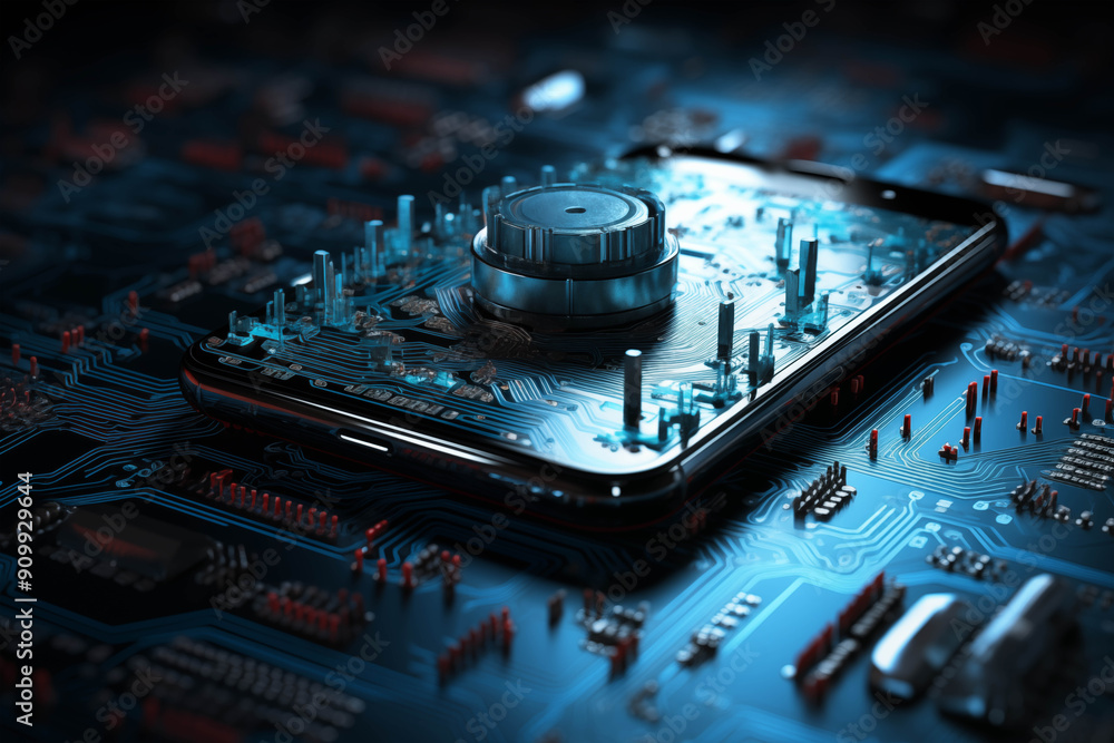 Poster the future is here: a futuristic vision of a smartphone, its intricate circuitry and components rese