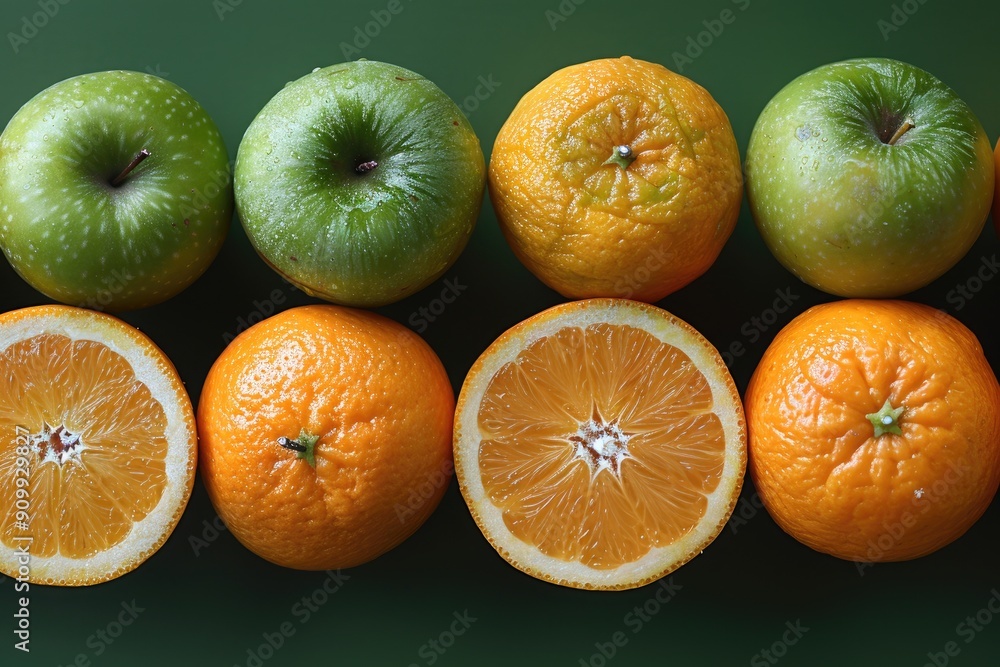 Poster green apples and oranges arranged in a row