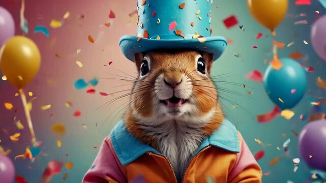 Cute squirrel on a colored background, birthday festive