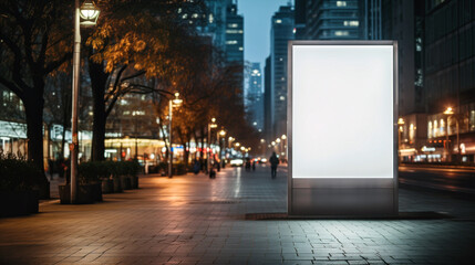 Blank Advertising Billboard on City Street During Nighttime With City Lights in Background