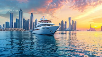 Sunset Serenity Majestic Yacht Gliding Through Urban Oasis