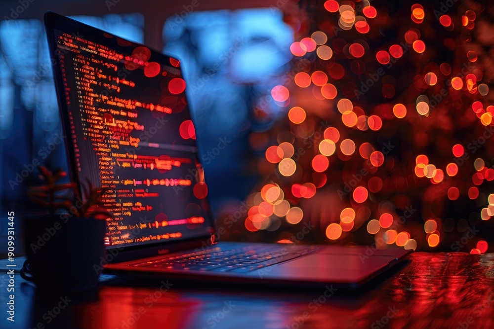 Poster laptop with code displayed and festive lights blurred in the background