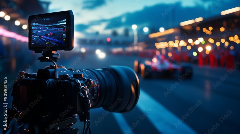 Poster a professional camera is focused on a race car speeding by during a twilight event at a racing track