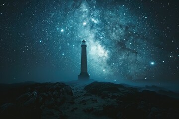 Lighthouse Silhouette Against a Starry Night Sky with the Milky Way