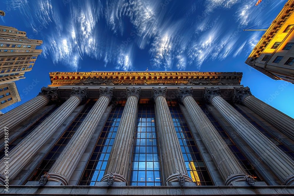Poster low angle view of stone columns and windows on a building against a blue sky