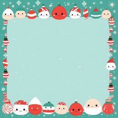 Fototapeta premium Christmas Kawaii Style Border with Cute Holiday Characters and Decorations, Ideal for Festive Invitations, Holiday Cards, Seasonal Marketing, and Children's Party Designs