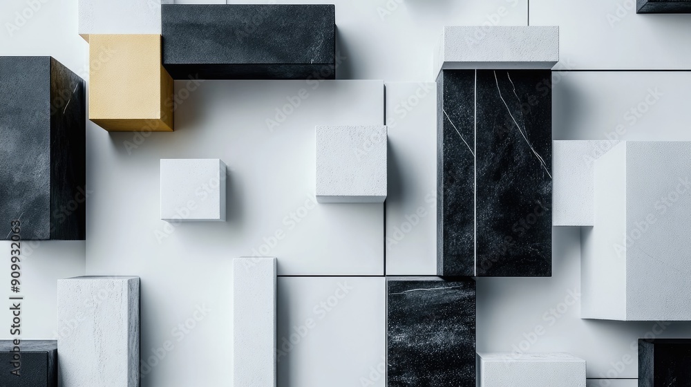 Poster abstract geometric blocks in various shapes and sizes, meticulously positioned on a white background