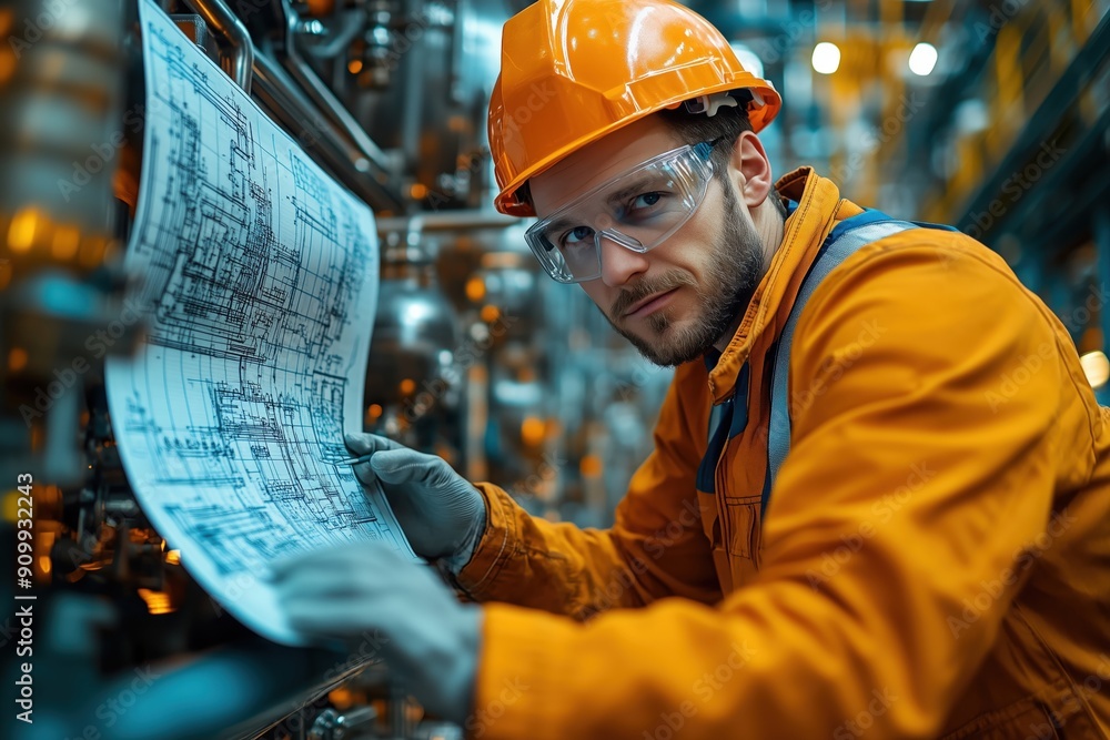 Poster basic drawing of an engineer with safety diagrams on a rig, [safety protocols], [technical work], no