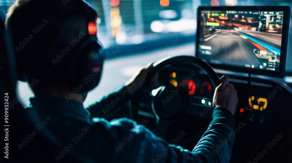 Aufkleber a person is engaged in a racing game using a realistic steering wheel setup, illuminated by screens 