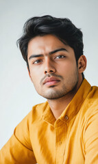 Obraz premium A young man with stylish hair and a thoughtful expression, wearing a bright yellow shirt. The background is neutral, enhancing his features and the vibrant color of his shirt.